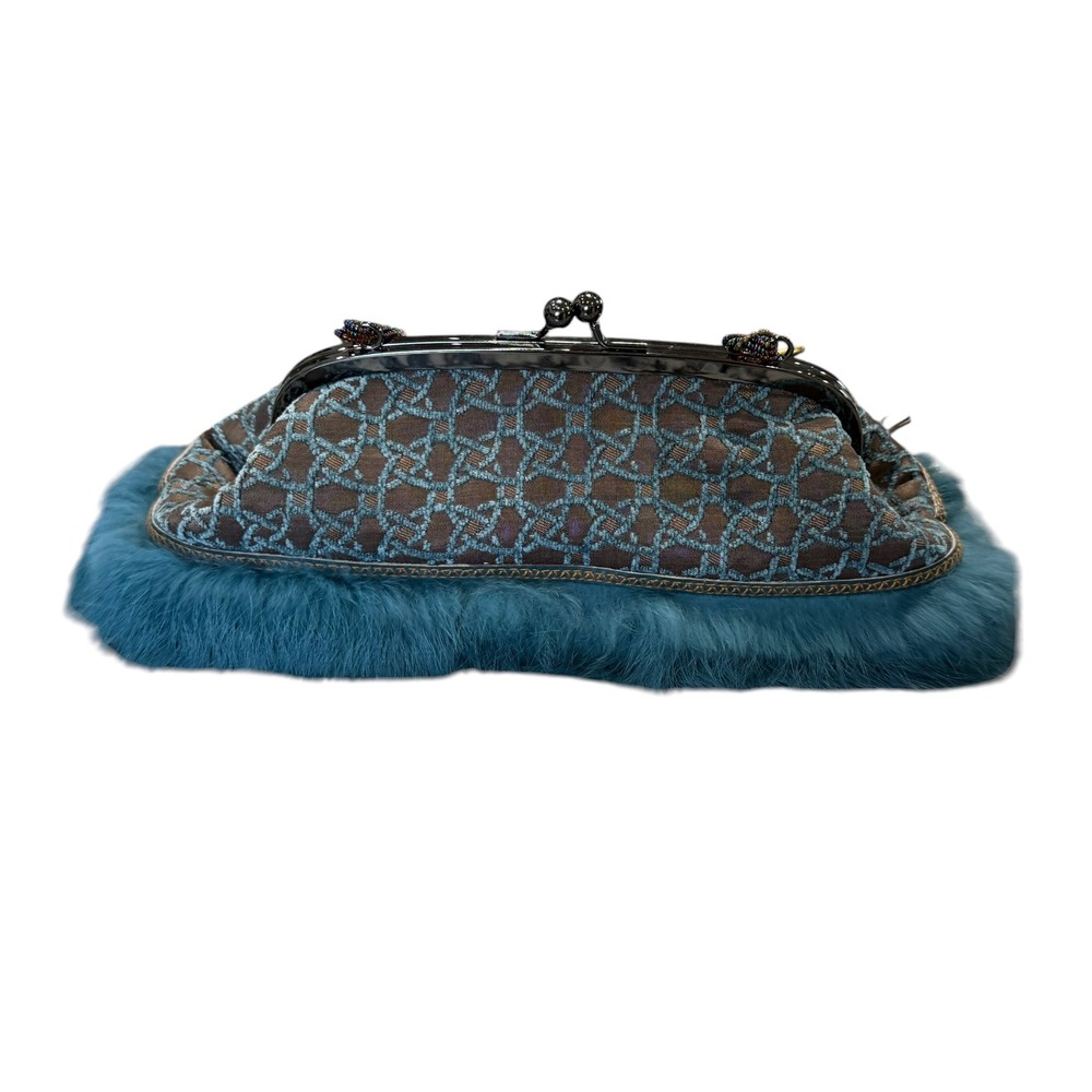 Mary Frances Beaded Feather Fur Evening Clutch Handbag Blue Brown Jeweled Purse - Picture 11 of 16